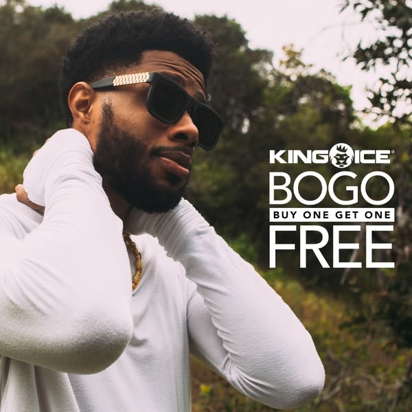 This ad for King Ice promotes a BOGO deal on their sunglasses. It features a man wearing the sunglasses outdoors.