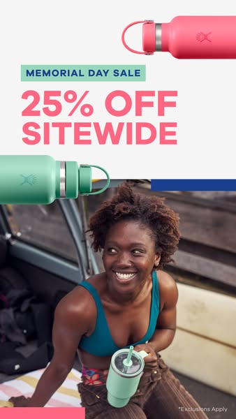 An image ad promoting a Memorial Day sale for Hydro Flask products, featuring a 25% off sitewide discount. The ad shows 