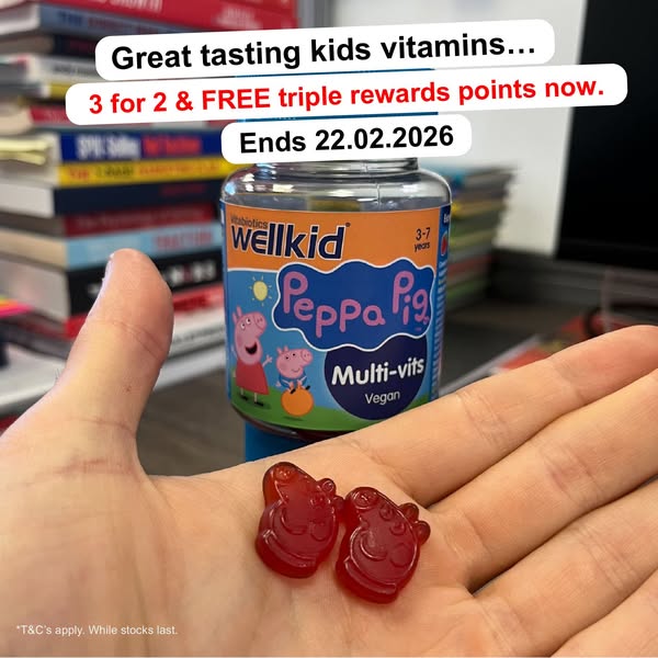 Image promoting Wellkid Peppa Pig Multi-vits gummy vitamins, with a limited-time offer to get 3 for the price of 2 plus 
