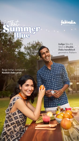 This image ad for Fabindia features a man and woman enjoying an outdoor summer gathering. The ad highlights two clothing