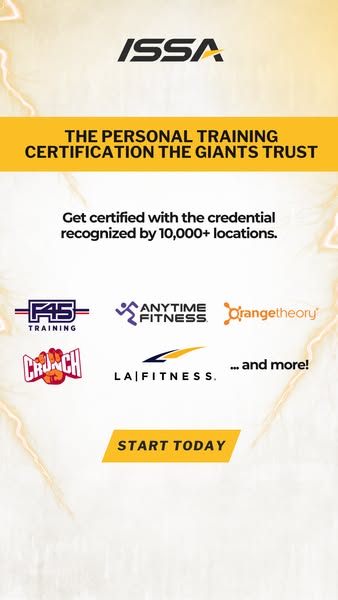 This ad is for ISSA personal training certification. It shows the ISSA brand logo, highlights that the credential is the