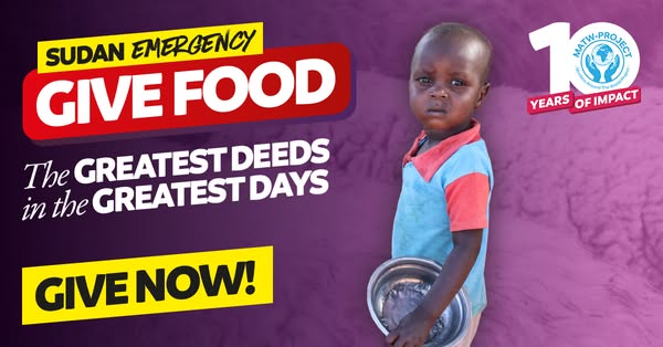 An ad for MATW Project with an image of a child holding a bowl, urging viewers to give food during the Sudan emergency.