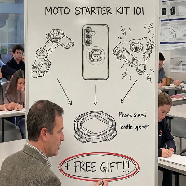 This ad shows a whiteboard with hand-drawn pictures of the Quad Lock Moto Starter Kit components with text describing th
