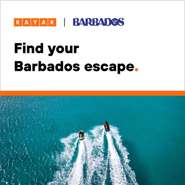 An image ad from KAYAK promotes travel to Barbados and encourages users to plan an 'escape'. The ad features the