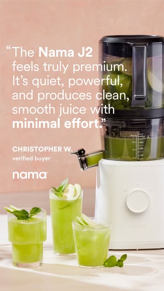 This ad features a testimonial from a verified buyer about the Nama J2 juicer. The ad also shows the juicer and three gl