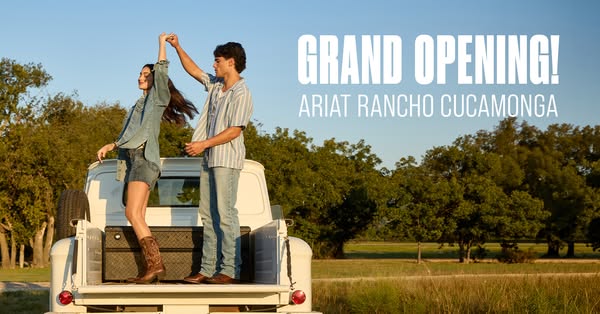 Image ad for the grand opening of the Ariat store in Rancho Cucamonga, featuring a young couple dancing in the back of a