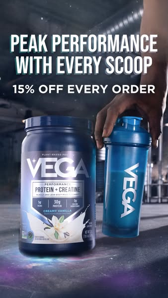 This ad promotes Vega's plant-based protein and creatine supplement, highlighting its ability to boost peak performa