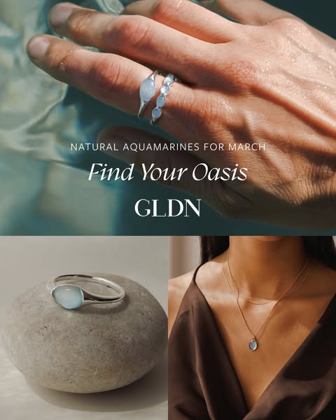 The ad promotes GLDN's collection of jewelry featuring natural aquamarines for the month of March. The imagery is sp