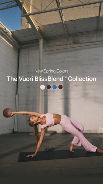 An image ad that presents the new spring colors of the Vuori BlissBlend Collection featuring a person doing yoga while w