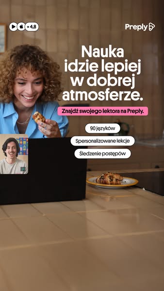 This ad for Preply features a woman smiling while holding a pastry, with text that states that learning is better in a g