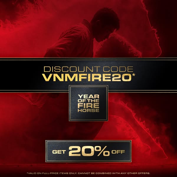 This image ad uses a dark and striking color palette to showcase a discount code for VNMFIRE20 for 20% off full-priced i