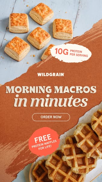 An image ad that highlights Wildgrain's food items and offers protein waffles for free.