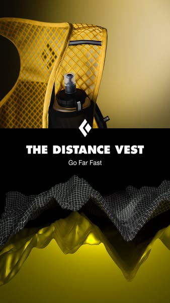 This ad showcases the Distance Vest, a running vest designed by Black Diamond. The vest is designed to help runners go f