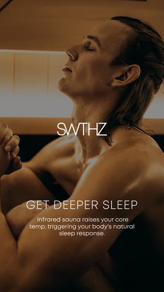 A close up shot of a man sitting in an infrared sauna. It claims that infrared saunas will raise the body temperature, t