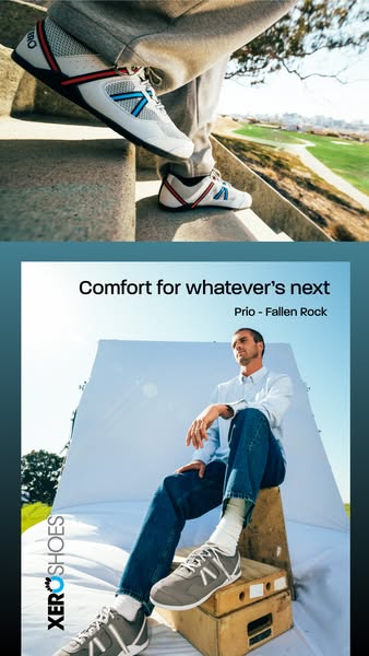 This ad for Xero Shoes features a split image of a person descending stairs in the brand's white 'Prio' mode