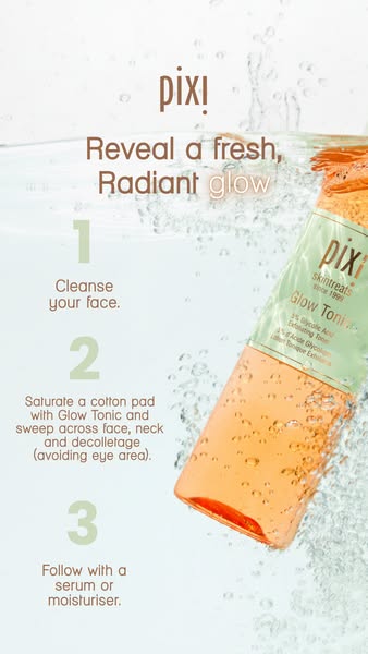 This ad demonstrates how to use Pixi's Glow Tonic as part of a skincare routine. It uses a numbered step-by-step gui