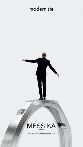 This ad features an image of a man standing on top of a Messika bangle bracelet. The text reads 'moderniste'.