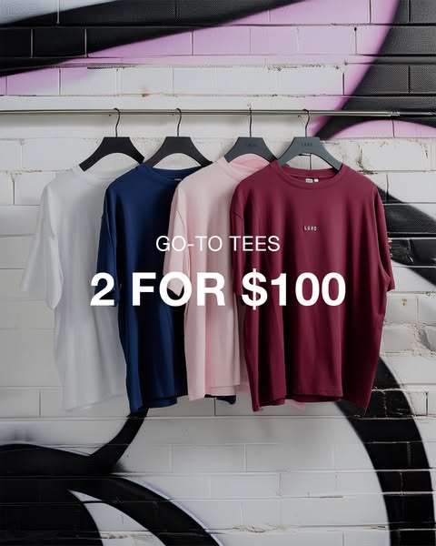 Image ad for LRSD showcasing a row of four t-shirts in different colors hanging on a rack. The ad includes a text overla