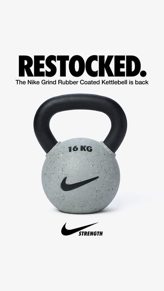This ad announces that the Nike Grind Rubber Coated Kettlebell is back in stock.