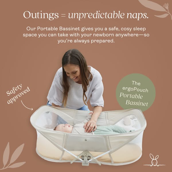 This ad promotes the ergoPouch portable bassinet that is designed to allow newborns to sleep in a safe, cosy space anywh
