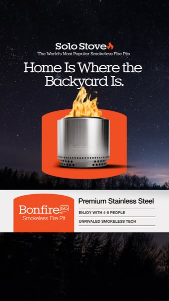 This ad showcases the Solo Stove Bonfire, emphasizing its premium stainless steel construction, smokeless technology, an