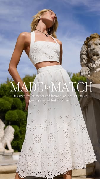 An image ad for matching clothing sets that are described as designed for brunches and beyond that make getting dressed 