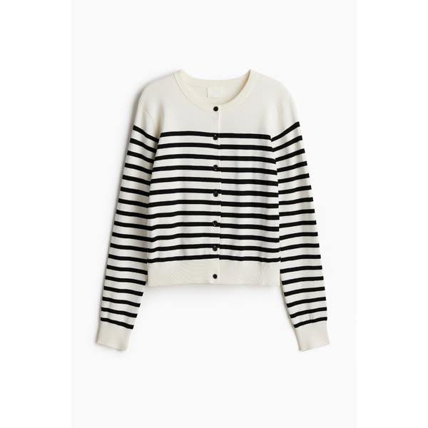 This ad features a striped cardigan sweater on a white background.