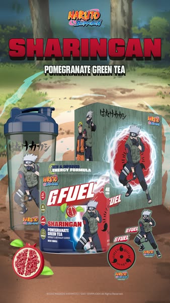 This ad features G Fuel's Naruto Shippuden Sharingan Pomegranate Green Tea energy formula. The ad showcases the prod