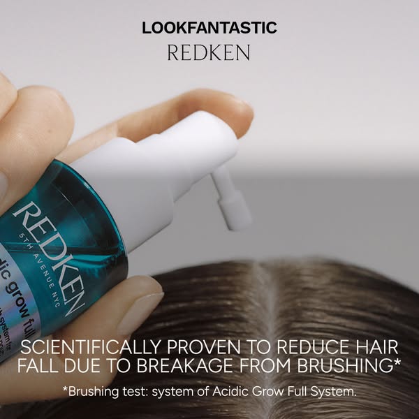 This ad showcases Redken's Acidic Grow Full system, highlighting its scientifically proven ability to reduce hair fa