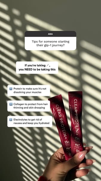 The ad features a list of reasons to take Clear Protein+ while on a glp-1 journey.