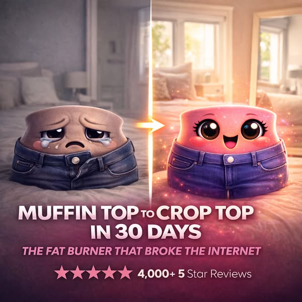 An ad for a fat burner supplement that claims to help you go from muffin top to crop top in 30 days, using an animated b