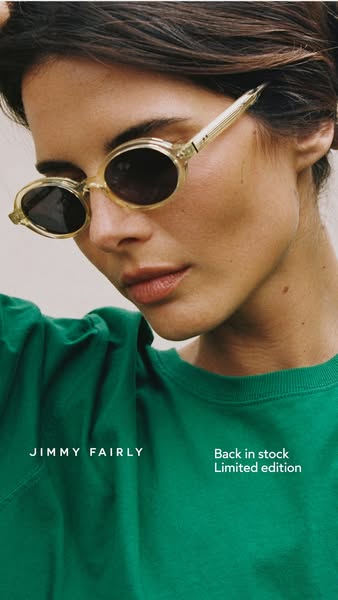 This image ad features a close-up shot of a woman wearing Jimmy Fairly sunglasses. The ad highlights that the sunglasses