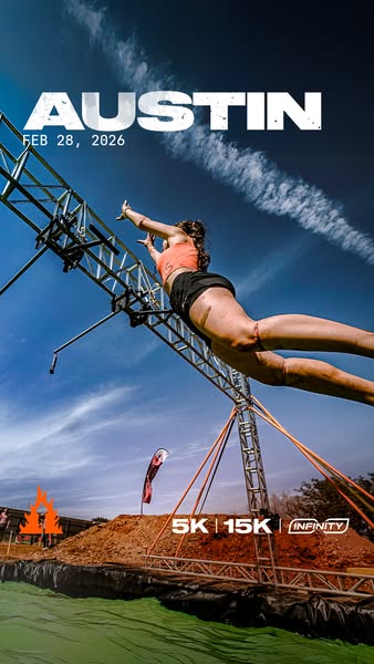 This image ad promotes an upcoming Spartan race in Austin, Texas. It features a woman in athletic wear mid-air, jumping 