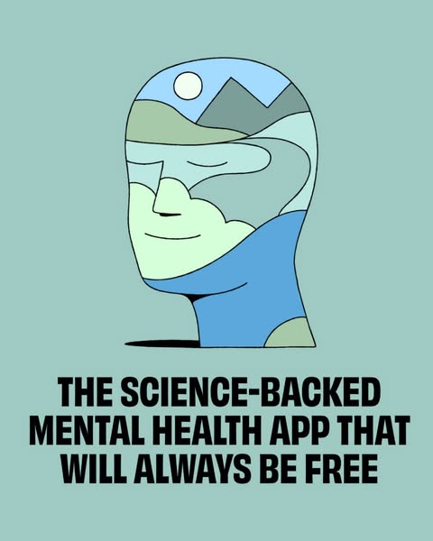 This ad promotes a science-backed mental health app that is always free, using a stylized image of a head filled with na