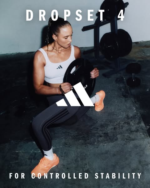This image ad for Adidas showcases their DropSet 4 athletic shoe alongside the brand's apparel. A woman is seen hold