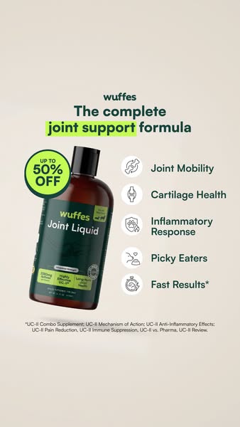 This image ad promotes Wuffes Joint Liquid, a joint support supplement for pets. It highlights features such as joint mo