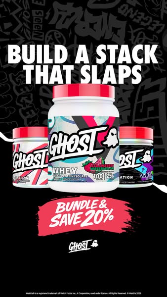 This ad showcases a stack of Ghost brand supplements with a 20% discount.