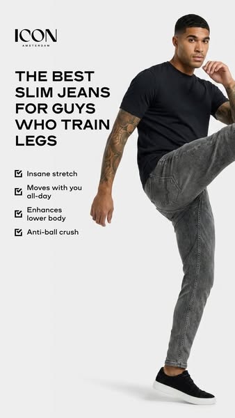 This ad showcases Icon Amsterdam slim jeans designed for men who train legs, emphasizing features like insane stretch an