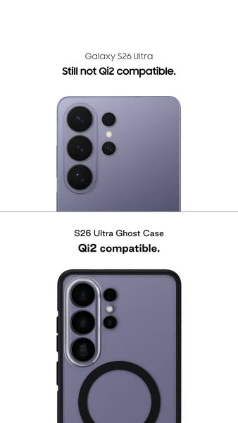 This ad shows the difference between a Galaxy S26 Ultra phone without a case and a Galaxy S26 Ultra phone in the brand&#