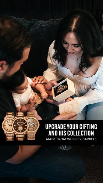 This lifestyle-focused image ad showcases a young family on a couch opening a wooden watch box. The ad highlights the wa