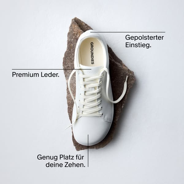 This ad showcases a white sneaker set on a rock to emphasize its features, such as premium leather, cushioned entry, and