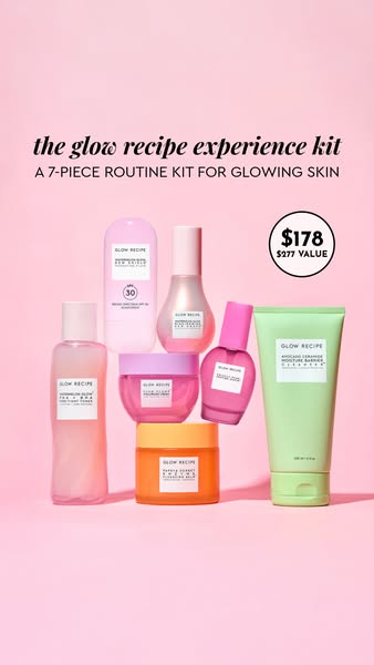 This ad showcases the Glow Recipe Experience Kit, highlighting its value and the promise of glowing skin. It uses a clea