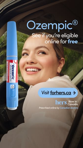 This image ad for Ozempic features a woman in a car and highlights that it is prescribed online by Canadian doctors.