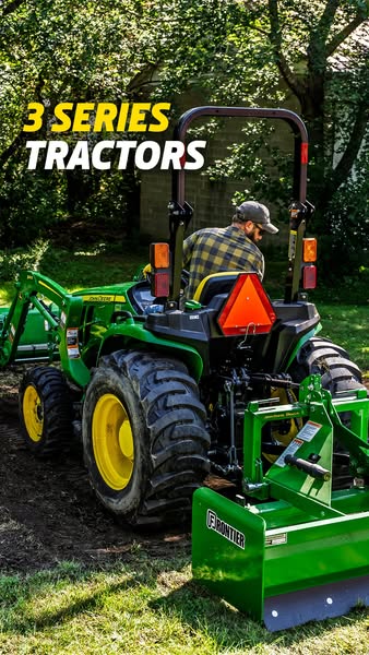 This ad showcases a John Deere 3 Series tractor. The ad consists of a close up shot of the tractor with the product name