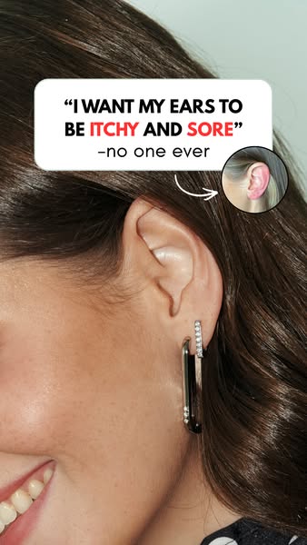 The ad presents a problem that many people have with earrings: itchy and sore ears. The solution is implied to be jewelr