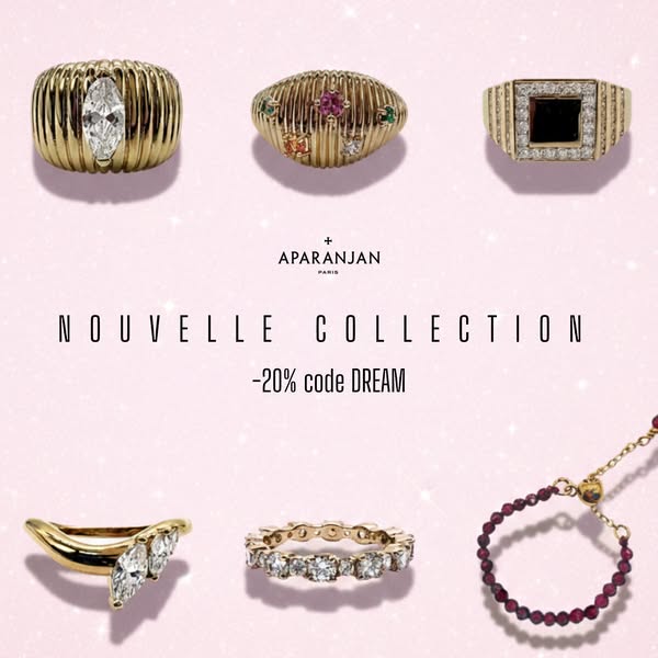 This image ad showcases a variety of Aparanjan jewelry pieces, primarily rings, set against a sparkling light pink backd