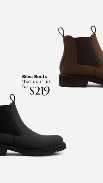 This is an image ad featuring two colors of the Silva Boots and a price point for the boots.