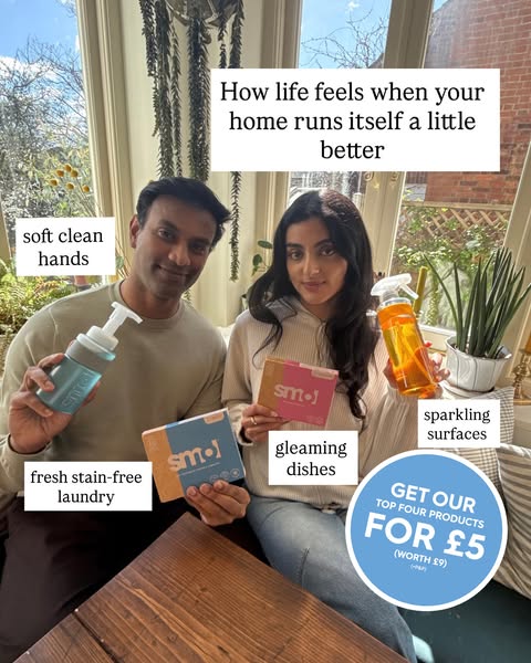 This image ad displays a man and a woman holding four different cleaning products while callouts around them highlight t