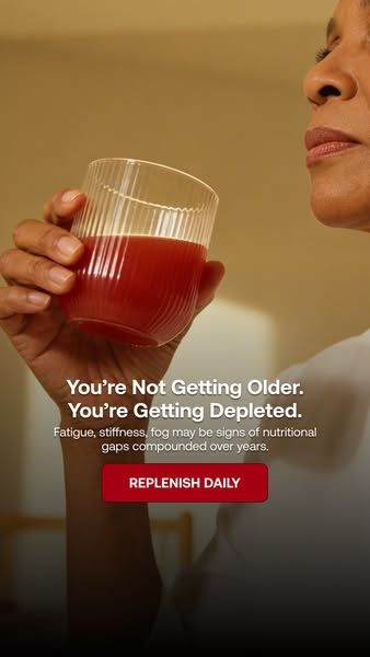 The ad shows a woman holding a glass of a red beverage. The text speaks to the viewer directly, stating that fatigue, st