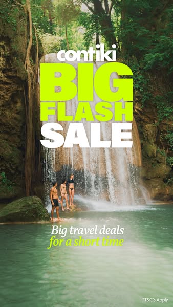 This ad for Contiki promotes a big flash sale on big travel deals that are only available for a short time. The backdrop